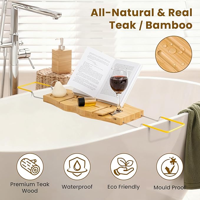 Bamboo Bathtub Tray Expandable Bathroom Tray for Home Spa Relaxation, Wooden Tray Caddy for Bathtub, Bamboo Bathtub Caddy as Unique Housewarming, Birthday, Wedding Shower Gifts. - Bloomnest