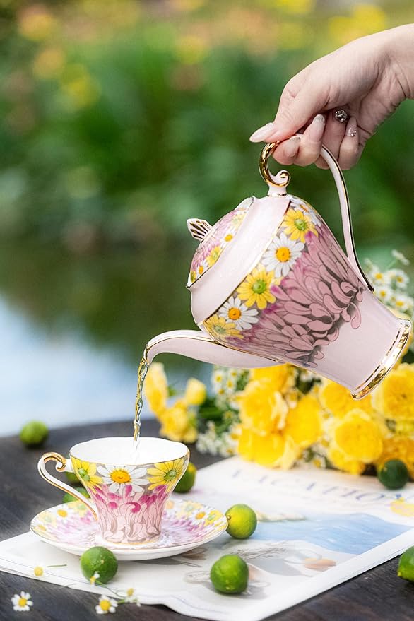 Aynsley Corset Daisy 9-Piece Tea Set with Pink Teapot & Fine Bone China Tea Cups and Saucer Set, English Floral Design with Gold Trim, Luxury Gift - Bloomnest