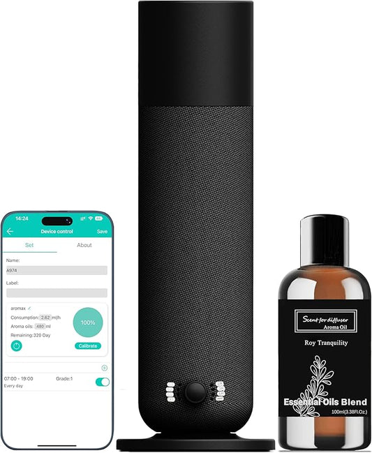 Smart Scent Air Machine for Home - Cold Air Technology Waterless Essential Oil Diffuser with Roy Tranquility Oil Set, Covers Up to 2000 Sq.Ft, Quiet Aromatherapy Machine for Hotel, Spa (Black) - Bloomnest