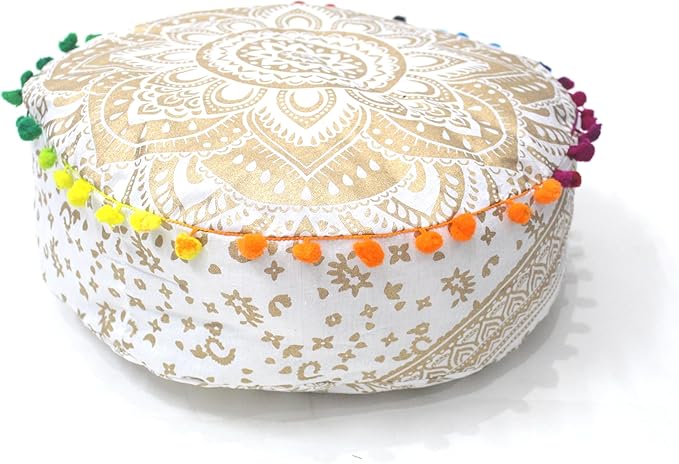 INDIAN CRAFT CASTLE ICC Mandala Barmeri Large Floor Pillow Cover Cushion Meditation Seating Ottoman Throw Cover Hippie Decorative Zipped Bohemian Pouf Ottoman Cases Golden, 16" Round - Bloomnest