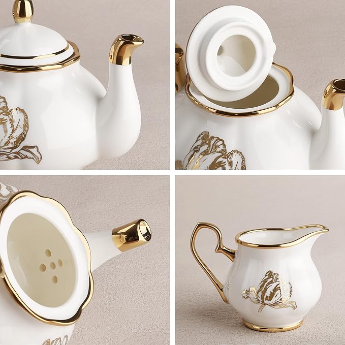 fanquare 21 Pieces British Porcelain Tea Set, Gold Tulip Tea Service for Afternoon Tea Party, 6 Teacup and Saucers for Coffee Home Wedding Birthday - Bloomnest