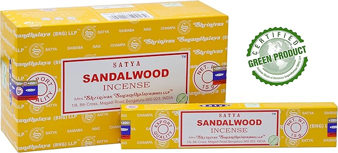 EARTH Satya Sandalwood Incense Sticks 15 GMS (Pack of 12) (Green Certified) Indian Perfumed Hand Rolled Agarbatti Perfect for Worship,Relaxation, Medication. Earth