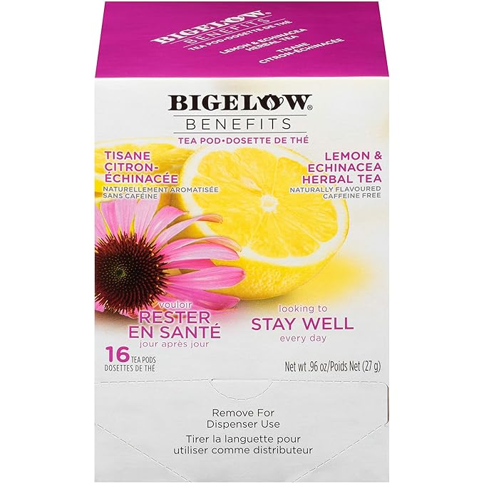 Bigelow Benefits Stay Well Lemon and Echinacea Herbal Tea Pods, 16-Count Box (Pack of 1) Caffeine-Free Individual Herbal Tisane Bags, for Hot Tea or Iced Tea - Bloomnest