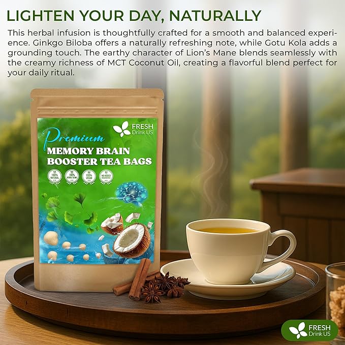 FreshDrinkUS, Memory Brain Booster Herbal Tea – 40 Tea Bags – Ginkgo Biloba, Gotu Kola, Lion's Mane & MCT Coconut Oil – Smooth, Earthy Flavor – Caffeine-Free – Daily Herbal Blend for Anytime Use - Bloomnest