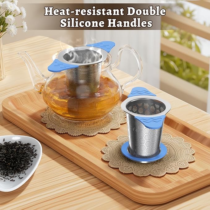 Tea Infuser for Loose Leaf Tea,18/8 Stainless Steel Tea Infuser with Heat Proof Silicone Handles,Extra Fine Mesh Tea Strainers Filter Fine Tea Leaves Effectively,Fits TeaPots/Mugs -Blue - Bloomnest