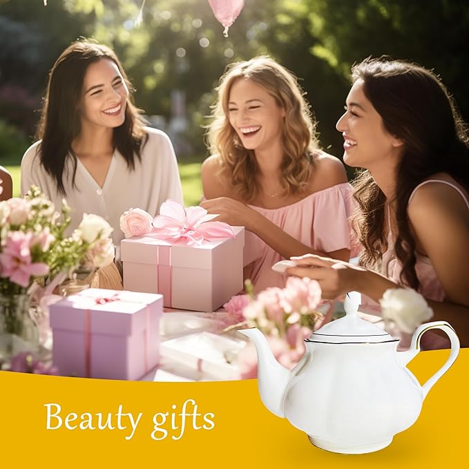 GOMMO Fine Real Bone China Teapot 30oz for Elegant Life Ceramic Tea Kettle (White-Gold)