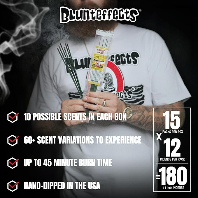 Blunteffects Hand-Dipped Incense Sticks - Premium 180-Pack Variety Set, 15 Different Scents, 11" Long, USA-Made Aromatherapy with Long Burn Time (15 Pack, 180 Total Sticks) Blunteffects