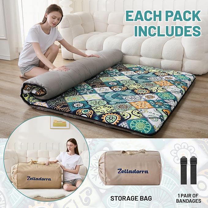 Japanese Floor Mattress Twin, Anti-Slip Japanese Futon Foldable Tatami Mat for Guests, Boho Green Checkered - Bloomnest
