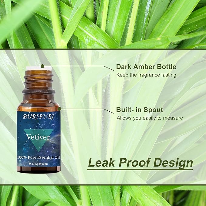 BURIBURI Vetiver Essential Oil Organic for Diffuser, Skin, Candle Soap Perfume Making - 100% Pure, Undiluted, Natural, Aromatherapy Vetiver Oils 10ML BURIBURI