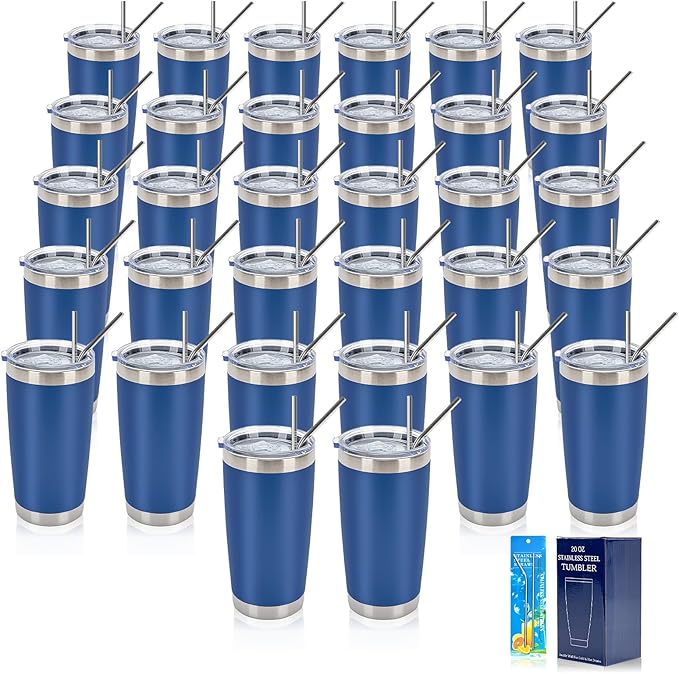 IEOVIEE 32 Pack, 20oz Stainless Steel Bulk Tumblers with Lids and Straws, Double Wall Insulated Travel Mug, Durable Powder Coated Tumbler Bulk Cup for Cold and Hot Drinks(Dark Blue) - Bloomnest