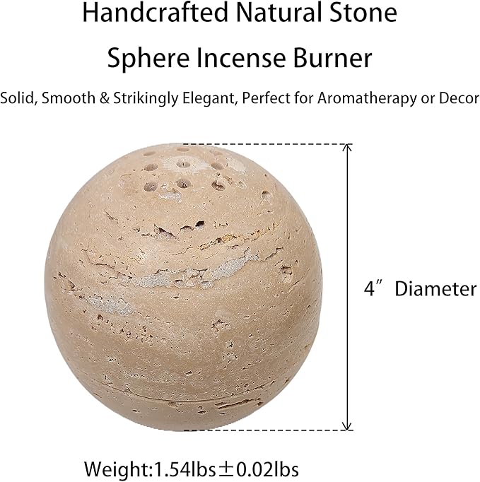 Natural Stone Sphere Incense Holder: 4" D Hand-Carved Aromatherapy Burner for Yoga, Meditation & Relaxation, Elegant Multi-Hole Design, Beige Travertine - Bloomnest
