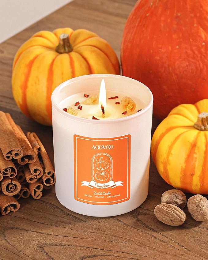 AOOVOO Pumpkin Scented Candles for Women - Aromatherapy Candle with Crystals Inside, 10oz Soy Candles for Home Scented, Birthday Gifts Candle for Women Mom - Bloomnest