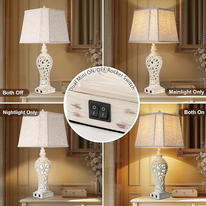 32" Tall Table Lamps Set of 2 - Bedside Lamp with Fabric Shades - for Bedroom and Living Room with USB and Nightlight - Perfect for Nightstands and Bedrooms - Bulbs Included - Bloomnest