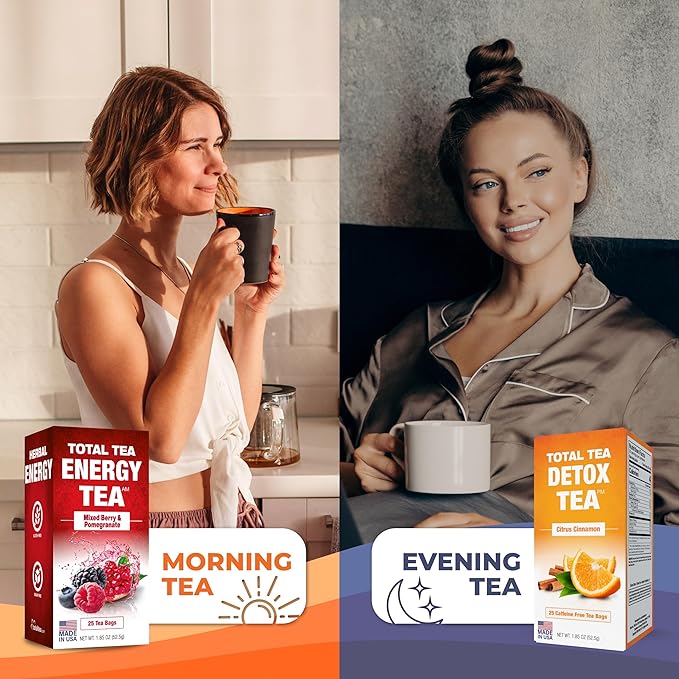Total Tea Detox Tea & Energy Set - 25 Day Detox - Herbal SIim Tea with Chamomile - Hibiscus Tea and Ginger Root for Colon Cleanse – Natural Citrus & Cinnamon Fruit Tea for Digestive Health - Bloomnest