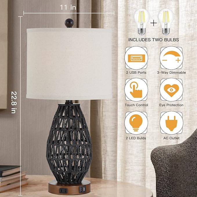 Touch Control Rattan Table Lamps, 3 Way Dimmable Bedside Lamps for Bedroom Set of 2 with 2 USB Ports and AC Outlet, Black Wicker Nightstand Lamps for Living Room (LED Bulbs Included) - Bloomnest