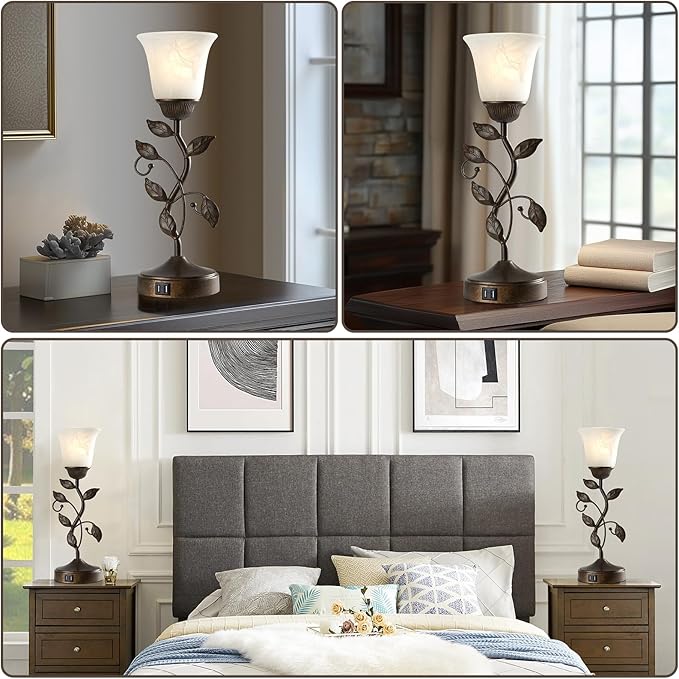 RORIANO Set of 2 Touch Farmhouse Bedroom Table Lamps, Nightstand Vintage Flower Lamps with 2 USB Ports, 3 Way Dimmable Leaf Lamp for Living Room with White Glass Shades, Bulbs Included - Bloomnest