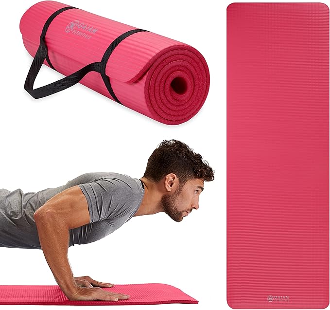 Gaiam Essentials Thick 2/5" (10mm) and Thin 1/4" (6mm) Yoga & Pilates, Fitness & Exercise Mat with Easy-Cinch Carrier Strap