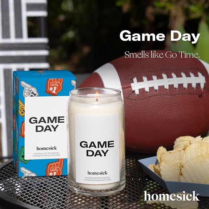 Homesick Scented Candles for Home (Game Day) - 13.75 oz Long-Lasting Soy Wax Blend Jar Candle Gifts for Women & Men, 60-80 Hours Burn Time - Notes of White Amber, Tonka Bean & Smoked Birch - Bloomnest
