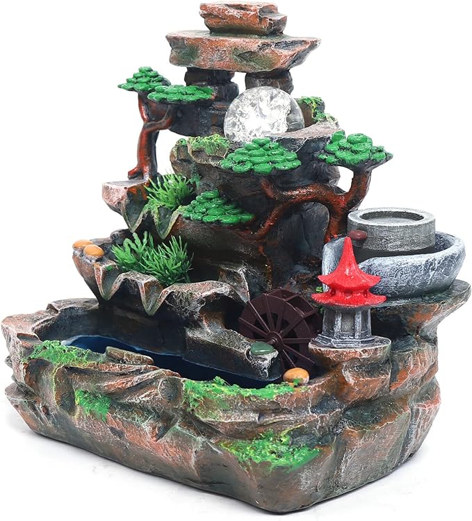 Creative Tabletop Water Fountain with LED Light & Atomizer, Indoor Waterfall Home Decor Best Festival Birthday Gift for/Boys, 10Inch Desktop Small Mini Size, Stream Rock Cavern Falls Bonsai - Bloomnest
