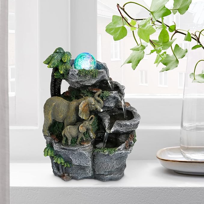 Dyna-Living Elephant Water Fountain Indoor Desktop Fountain Waterfall with Colorful LED Light Tabletop Water Fountain for Desk Office Relaxing Inside Water Feature