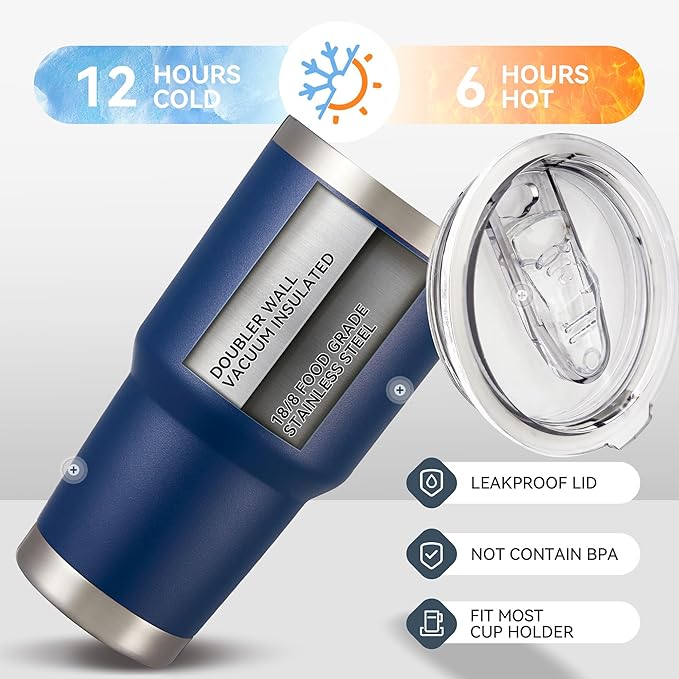 30 oz Tumbler with Lid Stainless Steel Tumblers Bulk Vacuum Insulated Cup Reusable Powder Coated Travel Mug Double Wall Leak Proof Cups Keep Cold Drinks for 12 Hours Navy, Set of 4