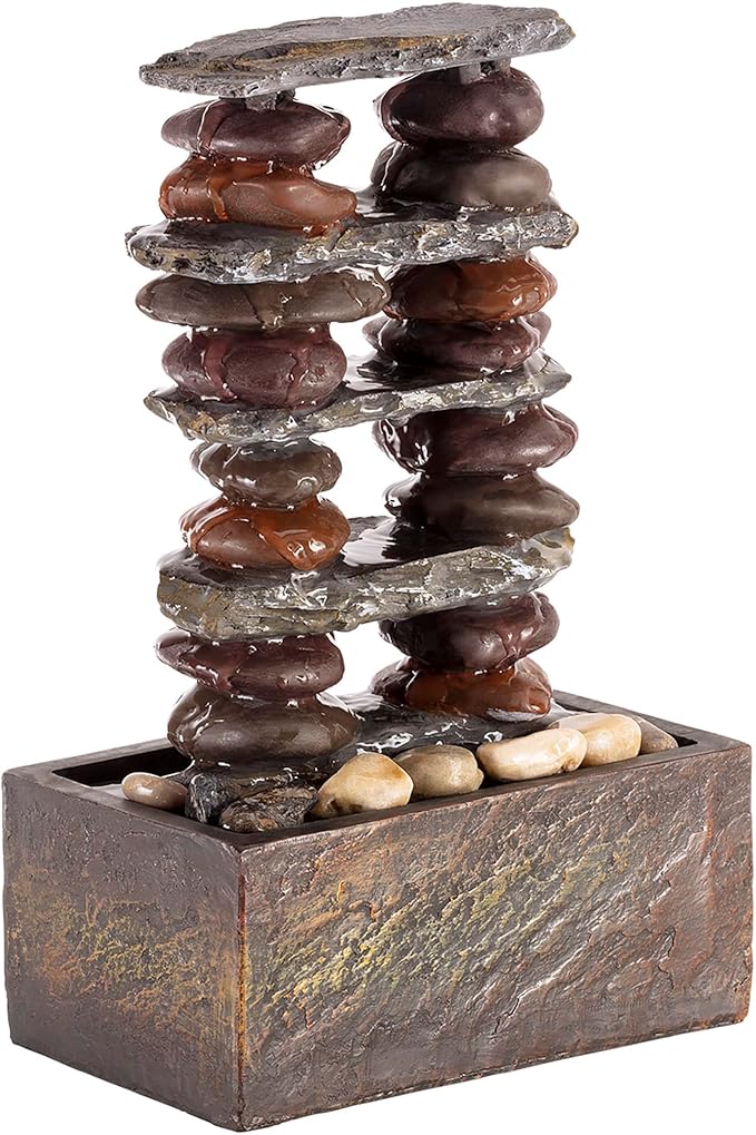 Alpine Corporation TT8002 Indoor/Outdoor Tabletop Stacked Rocks Eternity Fountain, Modern Rocks Tabletop Fountain 12", Brown - Bloomnest