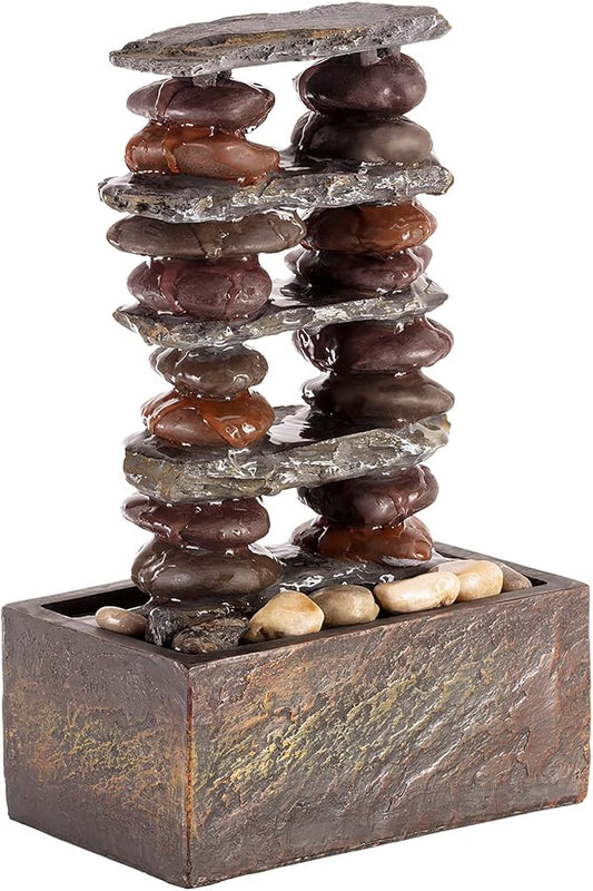 Alpine Corporation TT8002 Indoor/Outdoor Tabletop Stacked Rocks Eternity Fountain, Modern Rocks Tabletop Fountain 12", Brown - Bloomnest