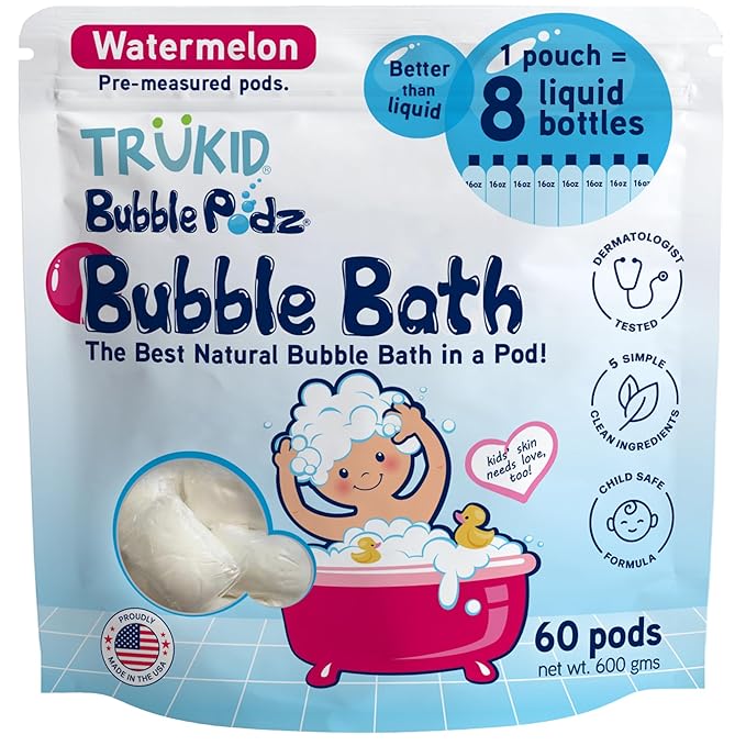 TruKid Bubble Podz Bubble Bath for Kids, Toddlers, & Babies, Tear Free Gentle & Refreshing Bath Bomb for Sensitive Skin with Natural Moisturizers, Non-Toxic, pH Balanced, Watermelon Scent (60 Podz) - Bloomnest