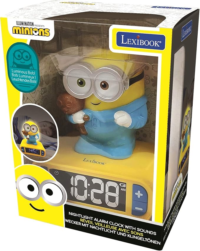 LEXiBOOK - Minions - Bob Digital Alarm Clock with Night Light - Snooze Function - Minions Sound Effects - for Children/Kids - Luminous Clock with Bob, Yellow/Blue - RL800DES - Bloomnest