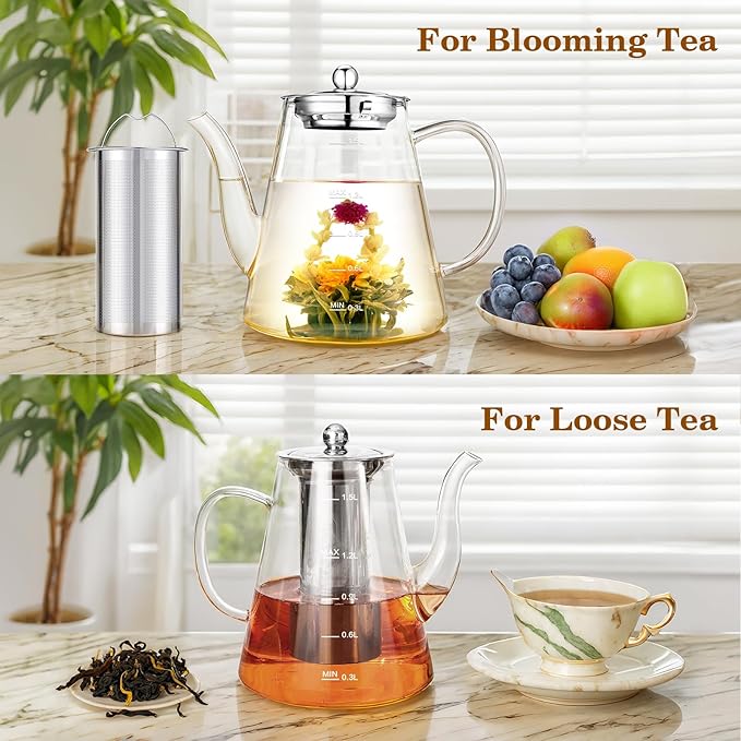 1500ml Glass Teapot, Large Tea Pot with Infuser for Loose Tea and Blooming Tea, Stovetop Safe Tea Kettle, Hand Crafted Borosilicate Glass Tea Maker with Scale Line, Tea Gift Set for Tea Lovers - Bloomnest