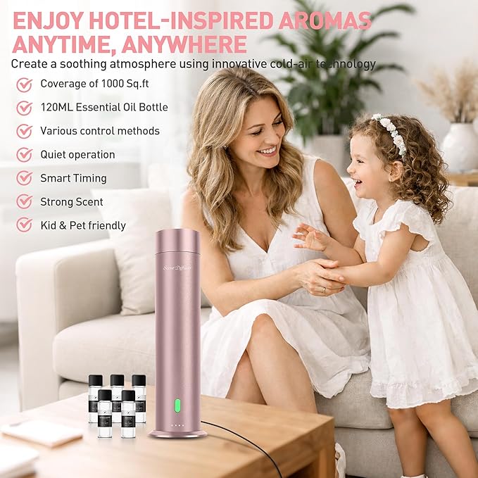Waterless Scent Diffuser Starter Kit - 1000 Sq Ft Coverage, Hotel Scent Diffuser, Essential Oil Diffuser Large Room, Included 5 Scent Oils, Remote Control, Rosepink - Bloomnest