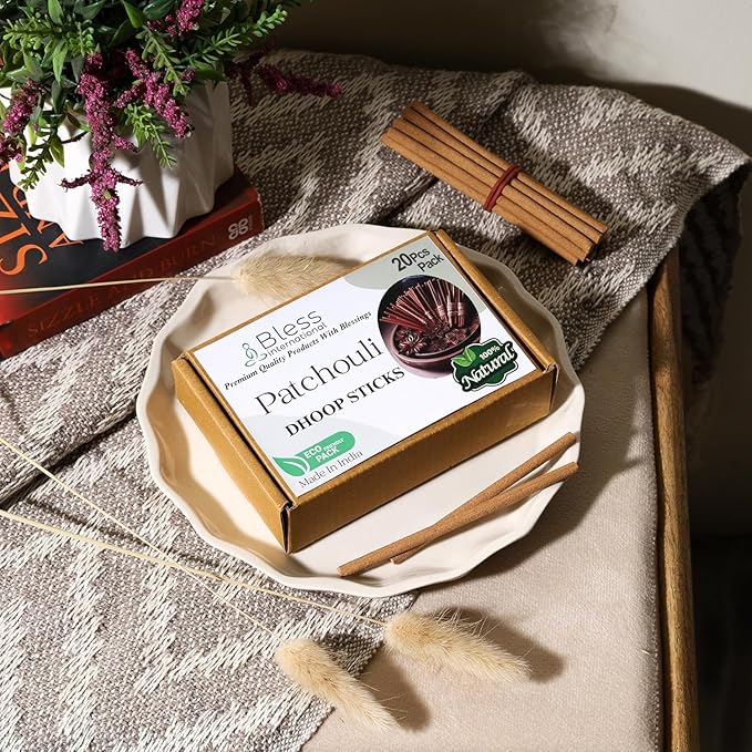 Bless-International Patchouli-100%-Natural-Incense-Bambooless-Dhoop-Sticks Handmade-Organic-Chemicals-Free for-Purification-Relaxation-Positivity-Yoga-Meditation The-Best-scents-4.5-Inches-20-Sticks BlessInternational