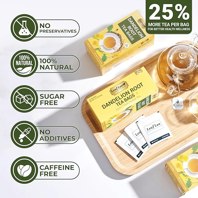LeafLea Dandelion Root Tea Bags, 240 Count, Natural Dandelion Root Herbal Tea Blend, Supports Digestive and Immune Health, Caffeine-Free, Sugar-Free, Vegan, Gluten-Free, Pack of 6 - Bloomnest