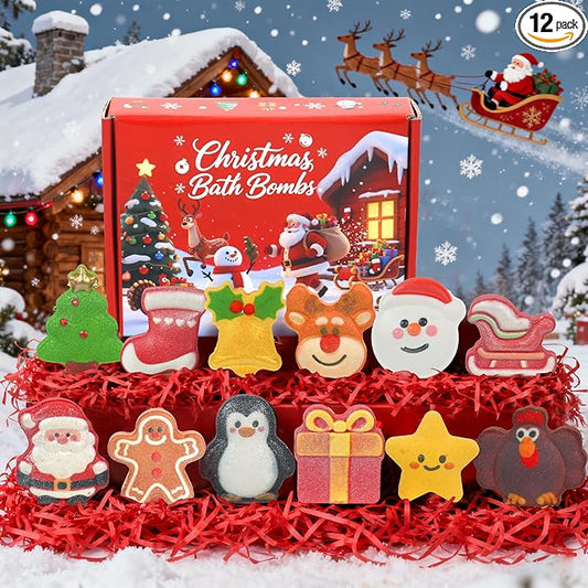 Christmas Bath Bombs for Kids & Women, Handmade Bath Bomb Gift Set of 12 Festive Shapes, Perfect Stocking Stuffers for Teen Girls & Boys, Skin Care Bathbombs as Christmas Gifts for Kids - Bloomnest
