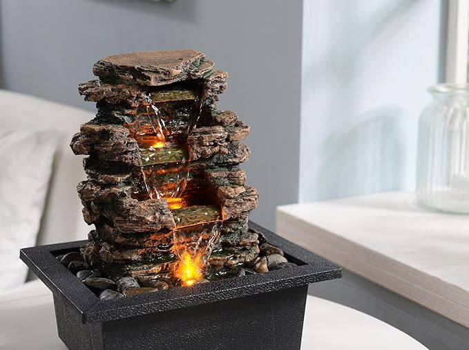 Tabletop Water Fountain, Home Décor Soothing Sound Machine with Automatic Pump, Deep Basin and Natural River Rocks. Indoor Zen Relaxation for Office, Living Room, or Bedroom Décor.