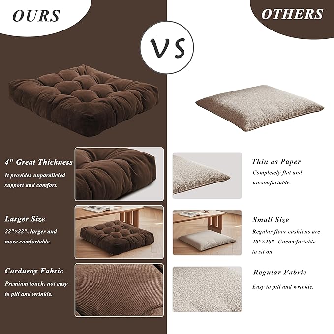 Meditation Floor Pillow 22×22 Inch 1 Pack Large Floor Cushions for Adults Square Tufted Corduroy Floor Pillows for Yoga Living Tatami Room Coffee - Bloomnest