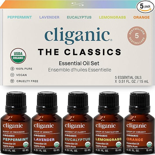 Cliganic Organic Essential Oils Set (Top 5 x 15ml) - 100% Pure Natural - Aromatherapy, Candle Making - Peppermint, Lavender, Eucalyptus, Lemongrass & Orange - Bloomnest