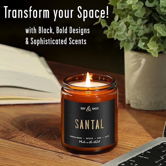 Santal Candle - Sandalwood Candles I Scented Black Candles for Men or Women - Sandalwood, Spices & Leather Soy Wax Mens Candle -Infused w/Essential Oils | Long 50Hr Burn, 9oz I Non Toxic I Made in USA - Bloomnest