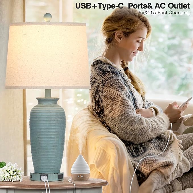 25" Farmhouse Jar Table Lamps Set of 2, 3 Way Touch Control Rustic Bedside Lamps with USB A+C Ports & AC Outlet, Pot Nightstand Lamps for Bedroom Living Room (LED Bulbs Included) - Bloomnest