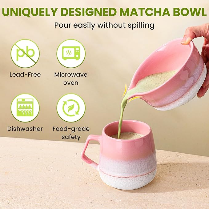 Matcha Whisk Set, Ceramic Matcha Set Desert Series, Matcha Bowl, Matcha Whisk and Holder, Bamboo Scoop, Scoop Rest, Sifter and Tea Towel 7 Pcs Matcha Kit for Birthday Christmas Gift (Pink) - Bloomnest