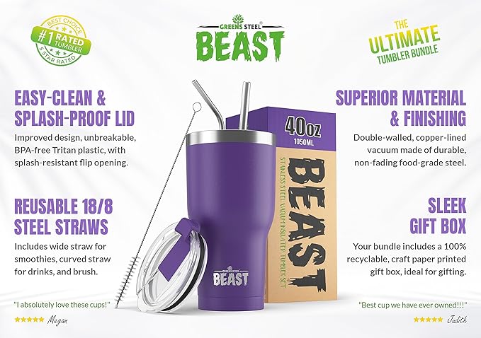 Beast 40 oz Tumbler Stainless Steel Vacuum Insulated Coffee Ice Cup Double Wall Travel Flask (Purple) - Bloomnest