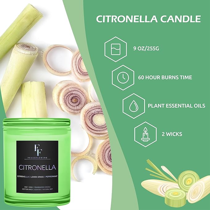 Citronella Candles Outdoor, 2-Wick Outdoor Indoor Scented Candle, Jar Candles for Home Scented, Long Lasting Natural Soy Candle, Summer Scents of Citronella/Lemon Grass/Peppermint, 9 oz - Bloomnest