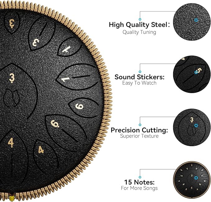 Steel Tongue Drum 12 Inch 15 Notes, Steel Drums Instruments for Kids Adults, Hand Pan Drum with Music Book, Drum Mallets and Carry Bag, Handpan C Major, Black - Bloomnest