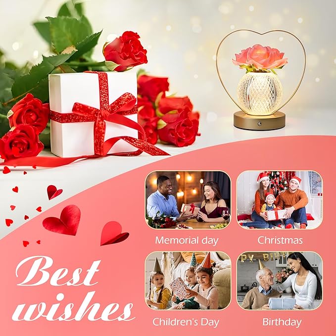 Roses Flower Touch Lamp,Rechargeable Cordless 3-Color Dimmable Small Night Light for Festival,Living Room,Dining Room,Bedroom Home Decor Birthday Gifts for Women - Bloomnest