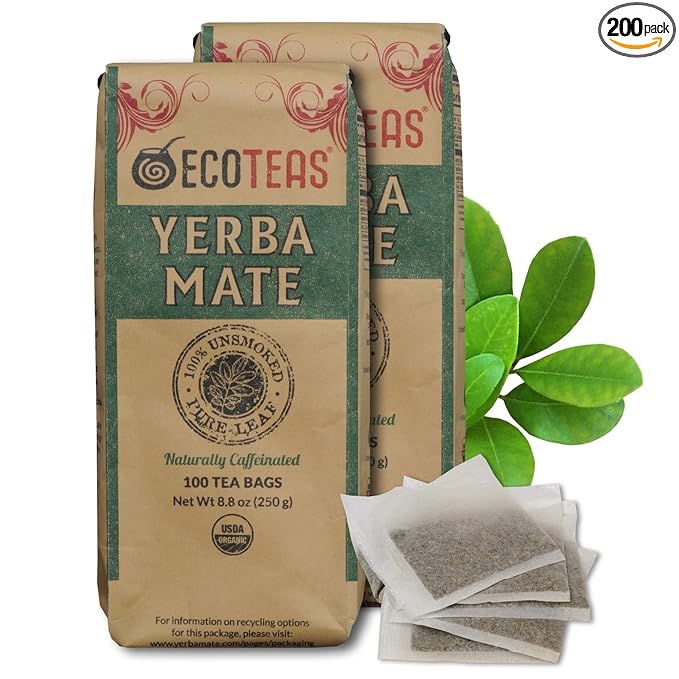 ECOTEAS Premium Organic Yerba Mate Tea Bags – Natural Energy & Detox Herbal Tea – Coffee Alternative - Kosher, Non-GMO, Gluten-Free - 100 Unsmoked Bulk Bags, 8.8 oz (Pack of 2) - Bloomnest