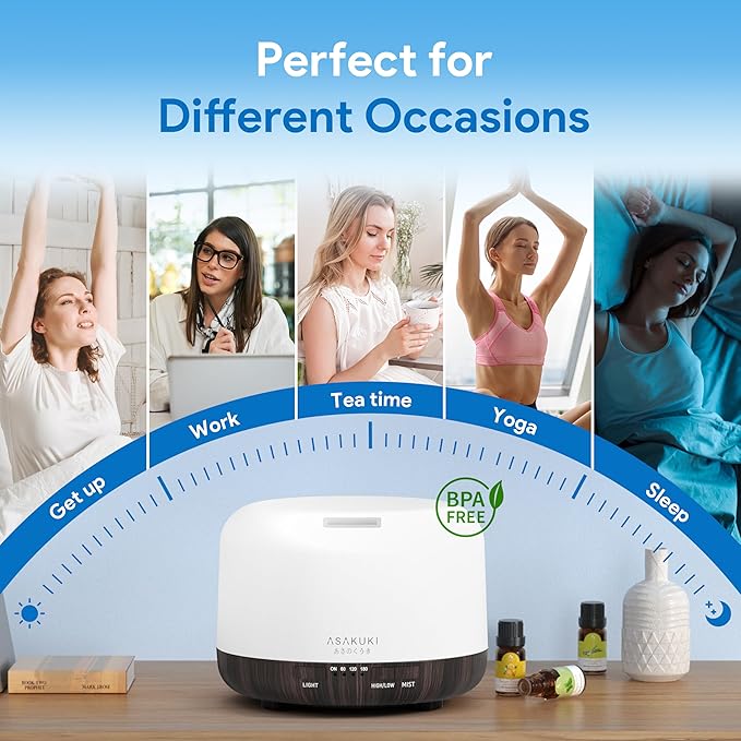 ASAKUKI Essential Oil Diffuser 500ml, Ultrasonic Aromatherapy Humidifier with Remote Control, 7 LED Colors, Timer & Auto-Off, Large Room Diffuser (Dark Brown) - Bloomnest