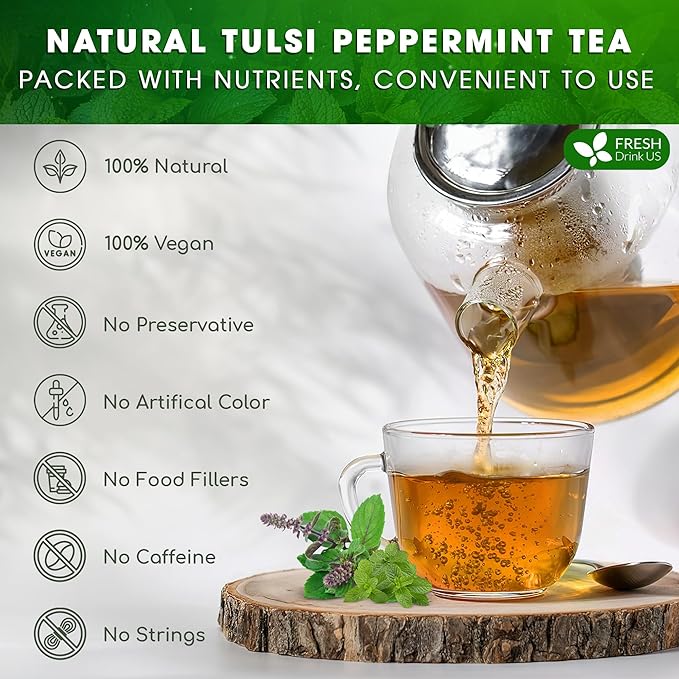 FreshDrinkUS, Premium Tulsi Peppermint Herbal Tea – 135 Tea Bags, 100% Natural, Blend of Tulsi Holy Basil Leaves, and Peppermint Leaves. Made with Natural Material Tea Bags. No Sugar, Vegan. - Bloomnest
