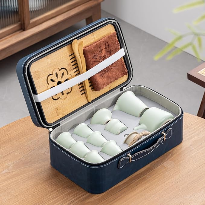 Travel tea set,Portable ceramic tea set,Chinese tea set,Tea sets for adults,Tea pot sets,Portable Travel Bag,Home,Gifting,Outdoor and Office,茶具 (Light green) - Bloomnest
