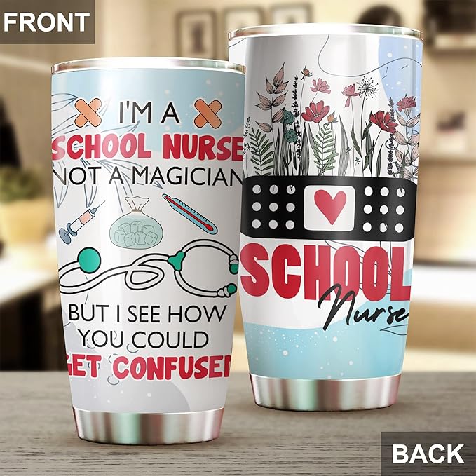 School Nurse Tumbler Stainless Steel 20oz, Funny School Nurse Appreciation Gifts Bulk For Birthday Christmas, School Nurses Day Gifts For Women Men, School Nurse Coffee Cup - Bloomnest