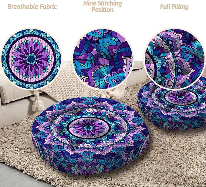 Mandala Meditation Cushion, Boho Meditation Mat, Meditation Pillows for Sitting on Floor, Cushions for Sitting in Home and Outdoor, Round Floor Pillows Cushion Seating for Yoga 22'' X 22'' - Bloomnest